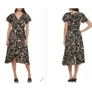 DKNY A Line Dress 8 Short Flutter Sleeve Flowy Black Brown Tan Washable NEW